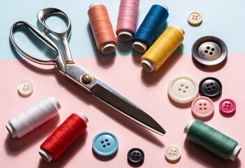 Colorful sewing supplies: scissors, vibrant threads, and assorted buttons on a pastel pink and blue background. Ideal for craft, DIY, and fashion projects.