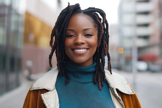young person with dreadlocks wearing teal turtleneck and brown shearling jacket on a city street, calm and confident mood
