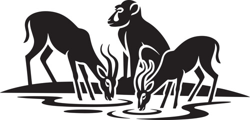 Antelopes and baboon at watering hole silhouette design isolated on transparent background © MDSHOFIQUL