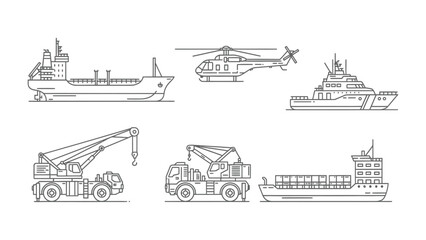 Fototapeta premium Maritime Fleet: A collection of various maritime transport vehicles, including a cargo ship, helicopter, and more, presented in a minimalist, detailed line-art style. 