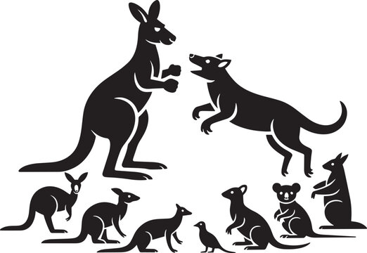 Australian animals group kangaroo koala dingo possum bird on transparent background