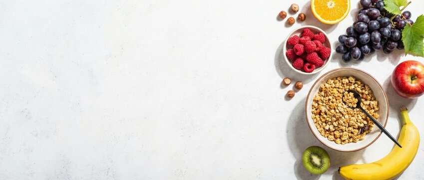 Healthy breakfast bowl with fruits and granola kitchen table food photography bright natural light top angle view nutrition and wellness concepts