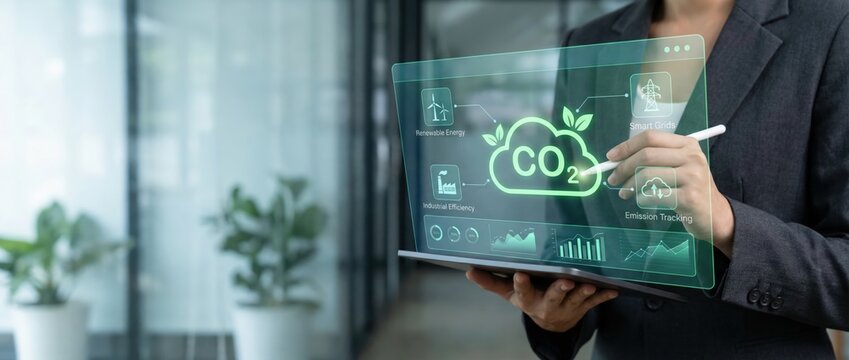 Innovative co2 monitoring action corporate office digital interface modern workspace close-up view sustainability concept for effective environmental management