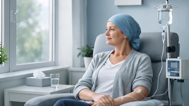 A patient receiving chemotherapy treatment in a hospital infusion room. Concept of oncology care, recovery, resilience, hope, and modern healthcare treatment.