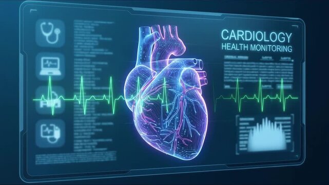 Digital Human Heart with ECG Waveform. Medical technology, cardiology, and health monitoring concept