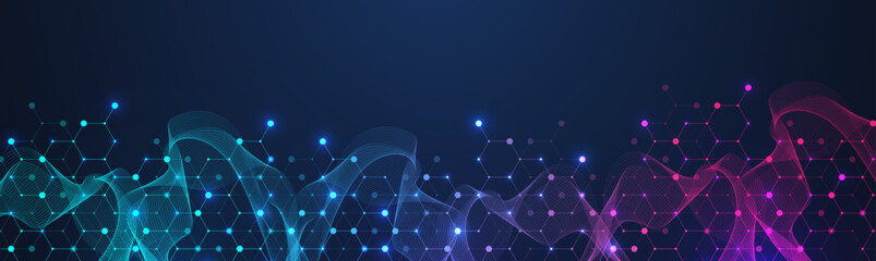 Molecular abstract structure and genetic engineering DNA. Healthcare and medicine background concept. Scientific research background. Wave flow. Innovation pattern. Vector illustration.