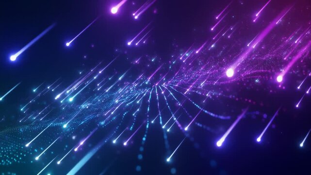 青紫の光粒子が流星の軌跡で人工知能の輪郭を描く未来的シネマティック世界観