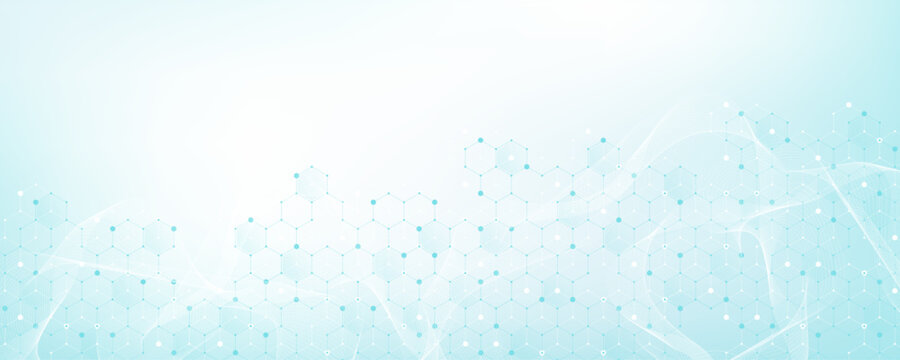 Modern health care or medical background design. Health care innovation concept. Horizontal header web banner. Abstract geometric background with hexagon shapes for medicine, science, chemistry.