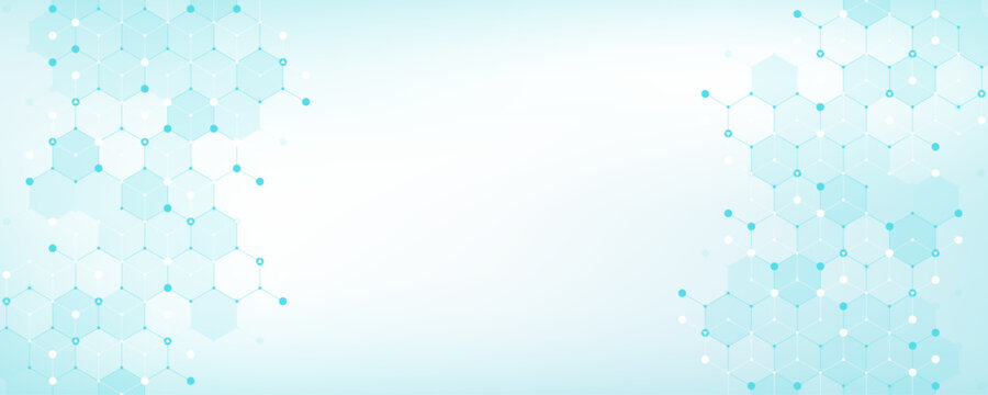 Modern health care or medical background design. Health care innovation concept. Horizontal header web banner. Abstract geometric background with hexagon shapes for medicine, science, chemistry.