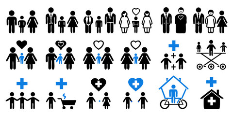 Fototapeta premium Family Healthcare Icon Set Vector – People and Medical Cross Symbols