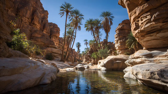View of a sandstone canyon with a small pool of water in the middle of the desert, in the Tassili N'Ajjer region, Algeria. Background illustration of a historical site in Algeria.