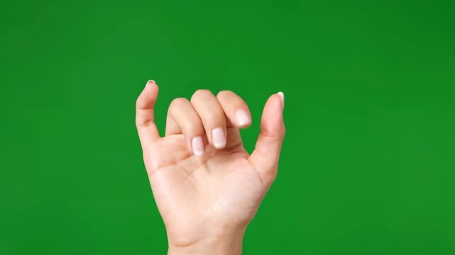 A female hand performs the 'I love you' sign in ASL on a green screen, symbolizing love and communication.