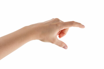 Young woman hand holding something with fingers isolated on white background