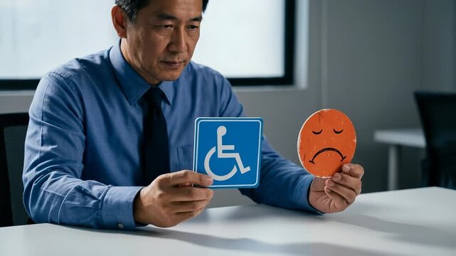 Asian businessman holds a handicap symbol and a sad face sign at an office desk. He wears a blue shirt and tie. Disability discrimination.