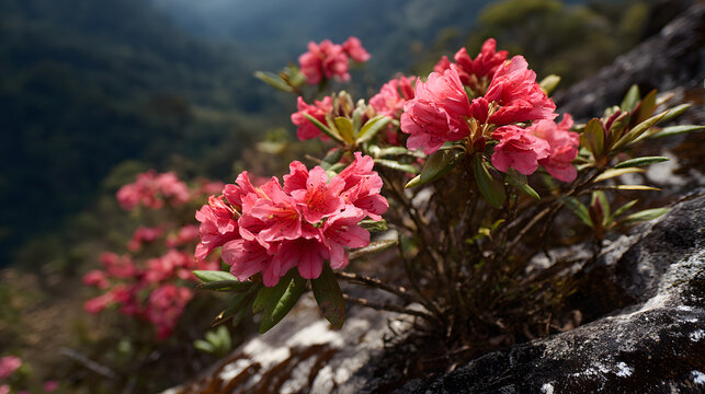 Dok Khoun, a rhododendron native to Laos, in full bloom on a mountainside. Illustration of flowers in Laos.