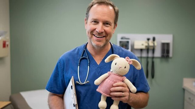 Friendly male pediatrician speaks to camera in exam room. He holds a clipboard and knitted bunny toy. Pediatric healthcare professional.