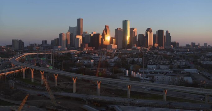 Aerial Drone View of Houston Texas Skyline at Night