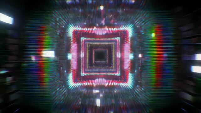 無数のピクセルが分解と再構築を繰り返す立体ホログラムが広がるサイバーグリッチ空間