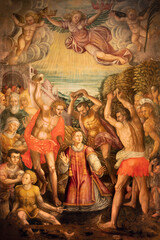Pavia - The painting of Martirdom of St. Stephen in the Cathedral by unknown artist.