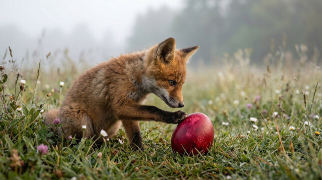 cute wild red fox (vulpes vulpes) cub touching a red painted easter egg in a misty meadow