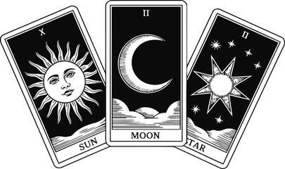 Solar moon and star tarot cards set mystical celestial symbols for divination and fortune telling