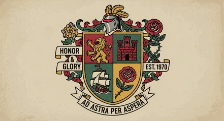Detailed heraldic crest featuring a lion, ship, castle, and rose, with motto. © Dibgi