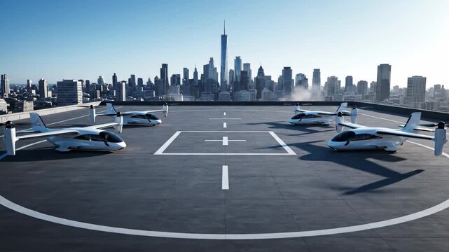 A fleet of electric vertical takeoff and landing aircraft parked on a modern rooftop landing pad in a futuristic city.