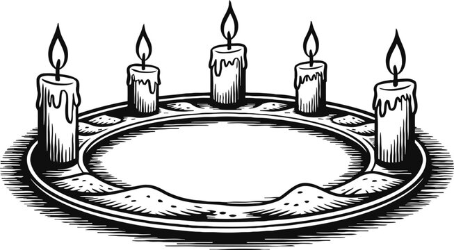 Advent wreath with five lit candles traditional christmas decoration black and white outline drawing