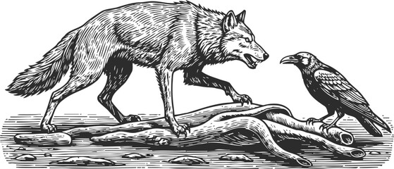 Fototapeta premium intricate black and white illustration of a wolf confronting a raven on rocky terrain
