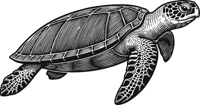 Detailed sea turtle illustration swimming with patterned shell and flippers in black and white