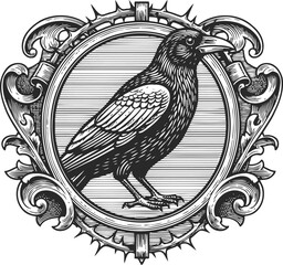 Fototapeta premium Intricate vintage black raven illustration framed with ornamental floral circle design