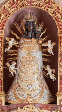 SALZBURG, AUSTRIA - SEPTEMBER 6, 2025: The carved polychrome statue of Loreto Madonna in the church Loretokirche from 17. cent.