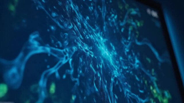 Abstract blue digital neuron network on screen display.