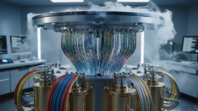 Advanced quantum computing device with colorful cables and metallic components releasing vapor in a modern laboratory setting with illuminated workspace