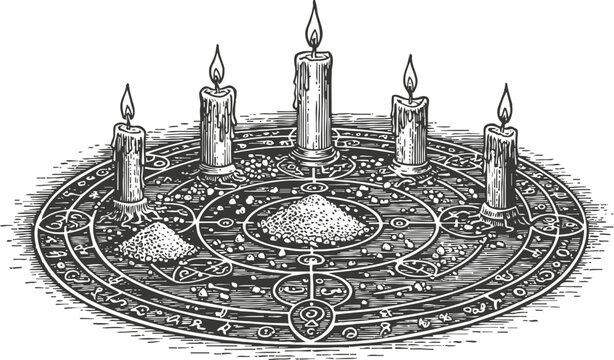 Magical ritual circle with burning candles and mystical symbols, esoteric occult ceremony illustration