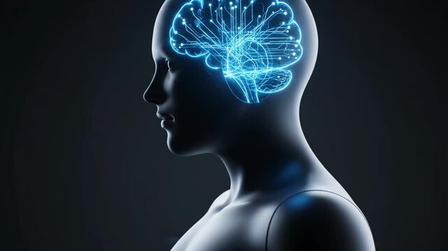 A futuristic AI brain with glowing circuits inside a human-like robot head. Concept of advanced machine learning and deep thinking processes.