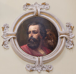 Naklejka premium SALERNO, ITALY - OCTOBER 6, 2025: The fresco of St. Mark the Evanglist in the church Chiesa di San Giorgio by Pasquale Avallone (1884 - 1965)