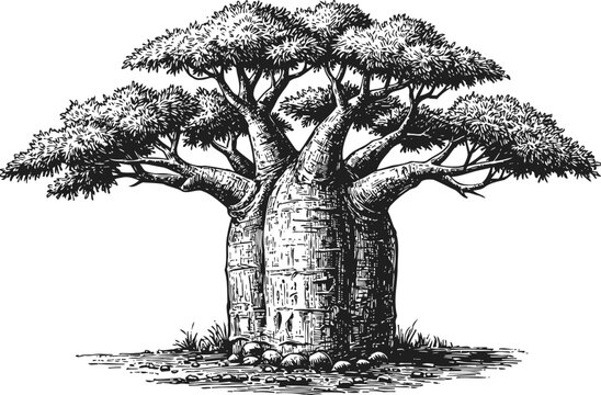 Majestic baobab tree illustration with thick trunk and dense canopy, exotic african nature symbol