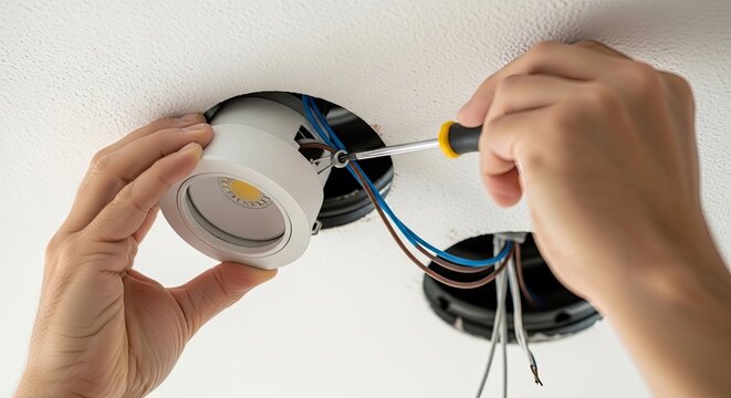 Hands installing recessed LED ceiling light with screwdriver, white textured ceiling, home electrical installation concept