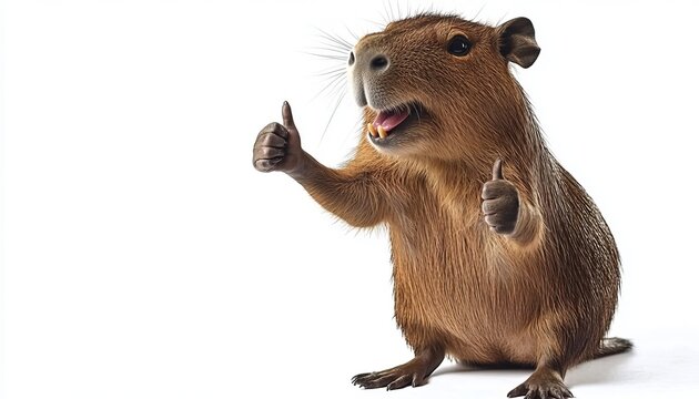 Cheerful Capybara Giving Thumbs Up on White Background, Representing Approval and Positivity in Ads