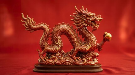 Fototapeta premium Ultra realistic ceramic dragon statue with gold detailing, smooth glazed surface, elegant reflections, red festive background