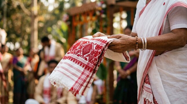 Elderly woman in traditional attire holding a decorative shawl during a cultural ceremony with attendees in the background, vibrant outdoor setting with greenery