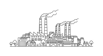 Fototapeta premium Industrial Factory Building with Smoking Chimneys Line Art Illustration.