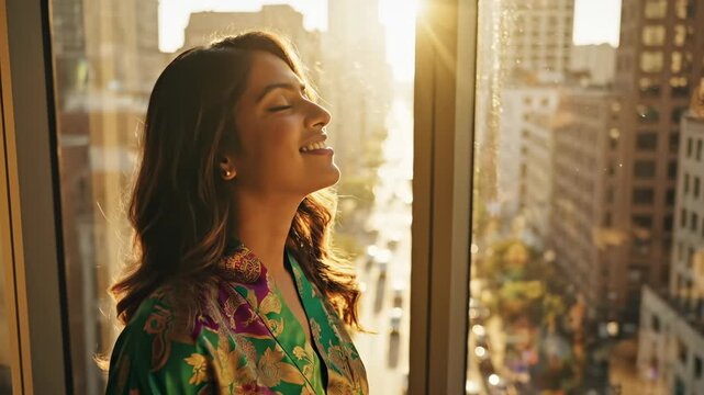 Woman smiles by window with sunlight and city view wearing kimono. Female enjoys morning by window with sunlight. Woman in kimono near window. City view and sunlight through apartment window.