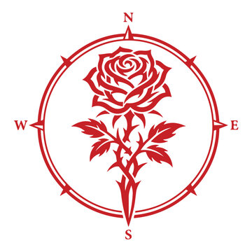 Vintage red compass rose floral tattoo design