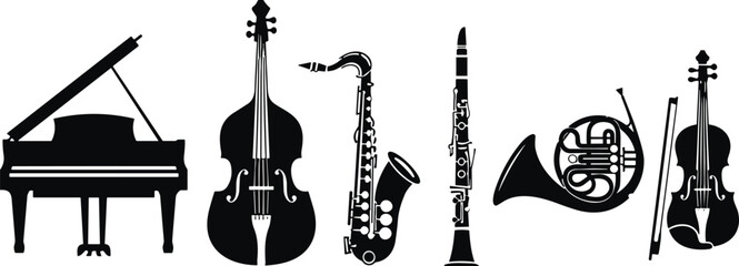 Classical musical instruments silhouettes set, piano double bass saxophone clarinet french horn violin isolated vector illustration © MstMousumi