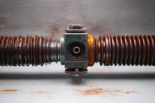 close-up of rusted threaded shaft and central nut block with orange corrosion and metal dust on a gray surface, conveying weathered industrial resilience