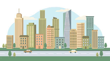 Flat design cityscape illustration with skyscrapers and road