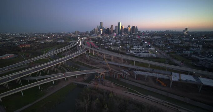 High angle wide view of downtown Houston urban landscape at night 