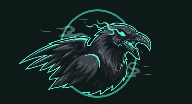 Stylized dark raven with glowing teal outlines and smoke effects, featuring an aggressive expression, perfect for an esport logo or mascot.